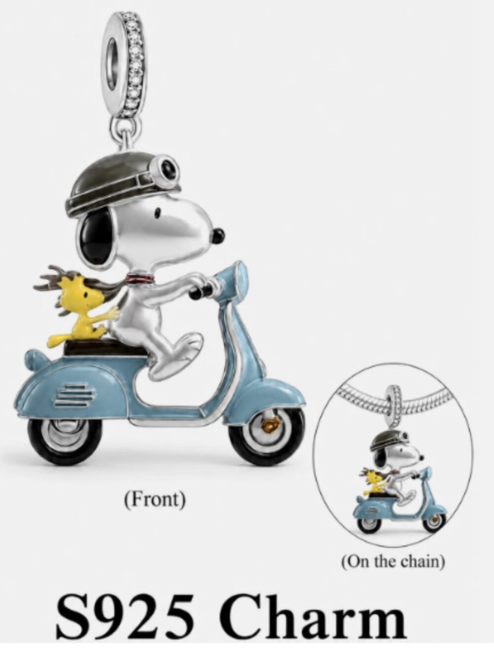 S925 Sterling Silver Snoopy Dog Riding Scooter Pendant Charm Bracelet Necklace